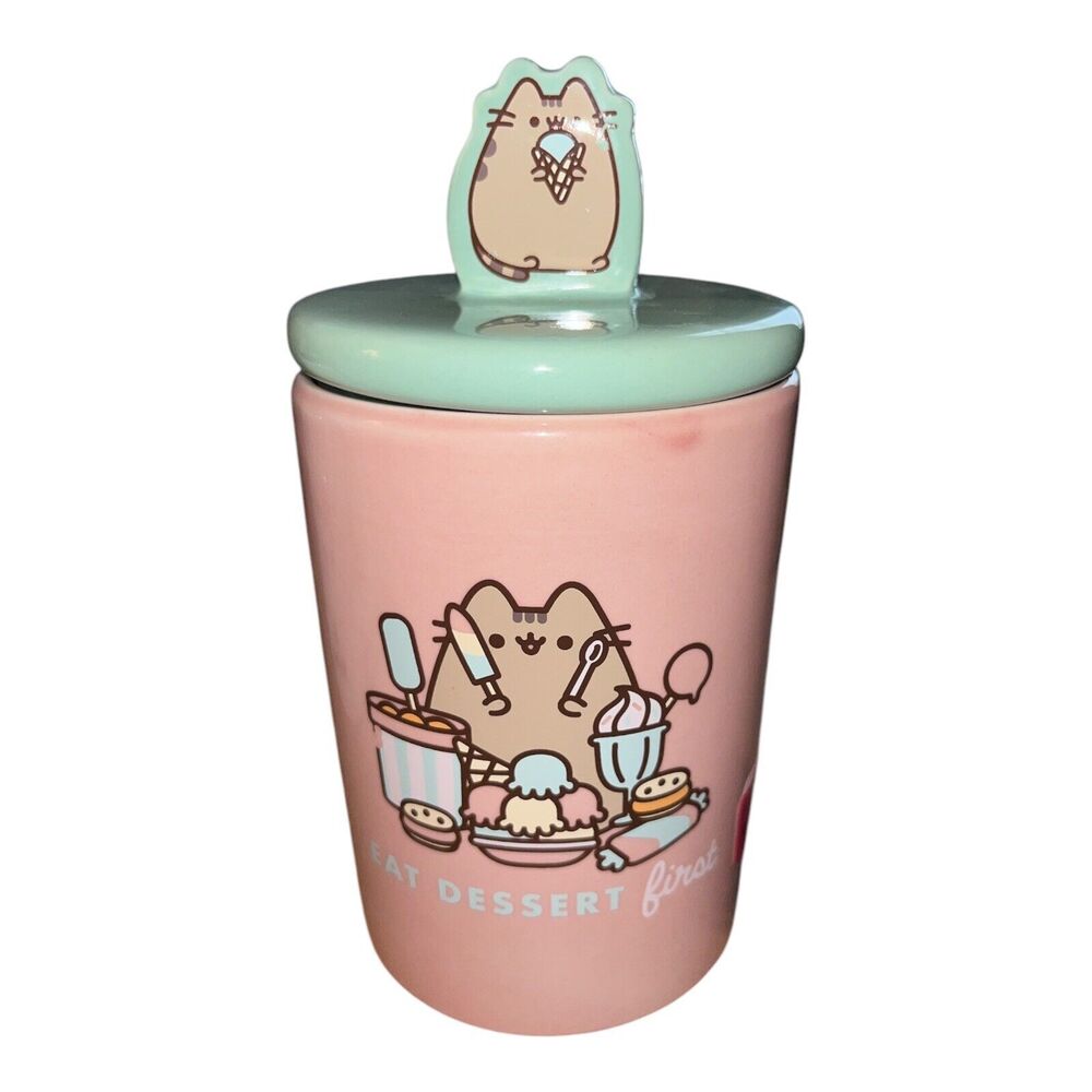 Pusheen Ceramic Eat Dessert First Cookie Jar NWT Pink 24 Oz